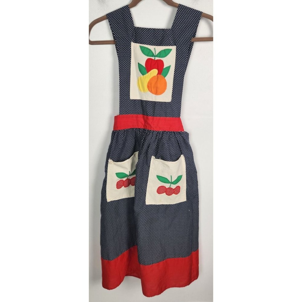 Hand Made Navy Polka Dot & Red Fruit Adjustable Midi Length Apron